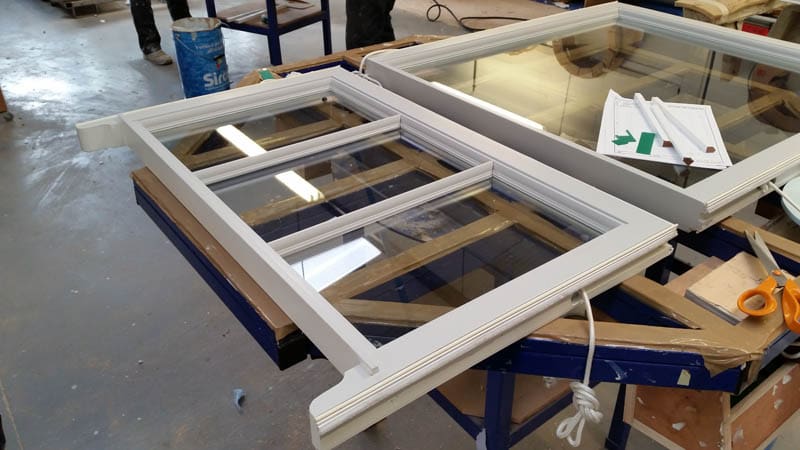 Georgian sash window with vacuum glazing under construction before installation in London