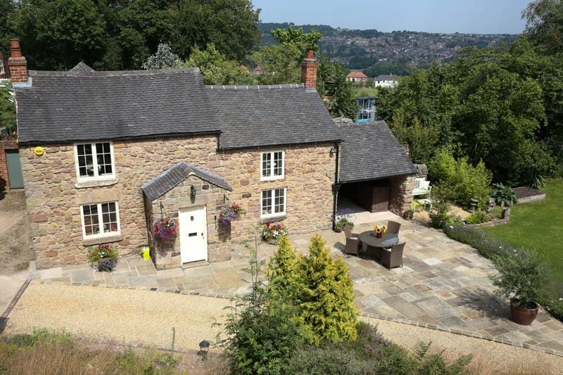 High elevation shot of timber windows and doors in Quarry Cottage, Belper