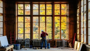 Window Refurbishment in Lithuania - a craftsman working on refurbishing an window in an historic building in Lithuatia
