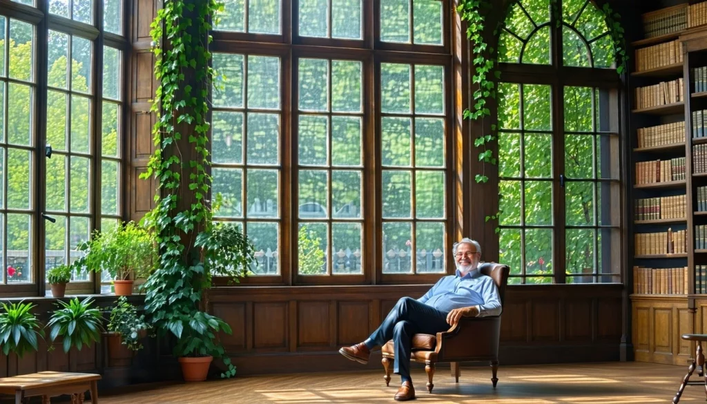 The image depicts a beautifully restored historical building featuring original wooden windows seen from the inside with a happy college professor relaxing in an old chair the windows are now enhanced with sleek LandVac vacuum glazing