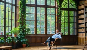 The image depicts a beautifully restored historical building featuring original wooden windows seen from the inside with a happy college professor relaxing in an old chair the windows are now enhanced with sleek LandVac vacuum glazing