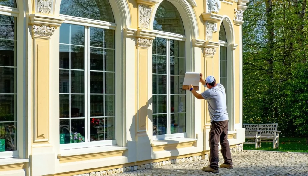 The image depicts a beautifully restored historic building in Romania showcasing how vacuum glazing is a better choice than slim double glazing 