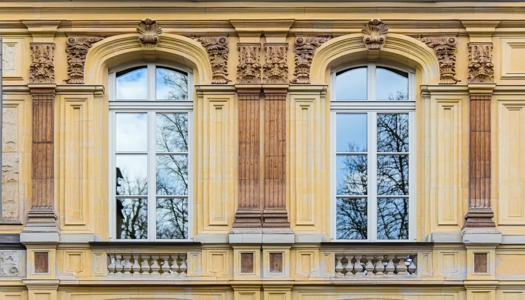 A historic building in Lithuania showcases elegantly restored windows framed by intricate ornamental woodwork The windows feature a combination of slim double glazing and advanced vacuum glazing The slim double glazing exhibits a subtle yet noticeable improvement