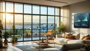 PVC Windows in Turkey - The image depicts a modern living room featuring large sleek uPVC windows fitted with LandVac vacuum glazing Sunlight streams through the glass illuminating the space and highlighting the thin profile of the windows