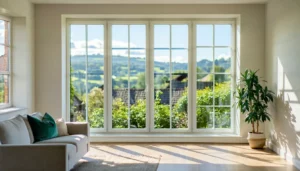 The image depicts a modern Georgian apartment interior with elegantly upgraded uPVC windows featuring LandVac vacuum glazing Sunlight streams through the slim transparent glass panes casting warm inviting light across the room