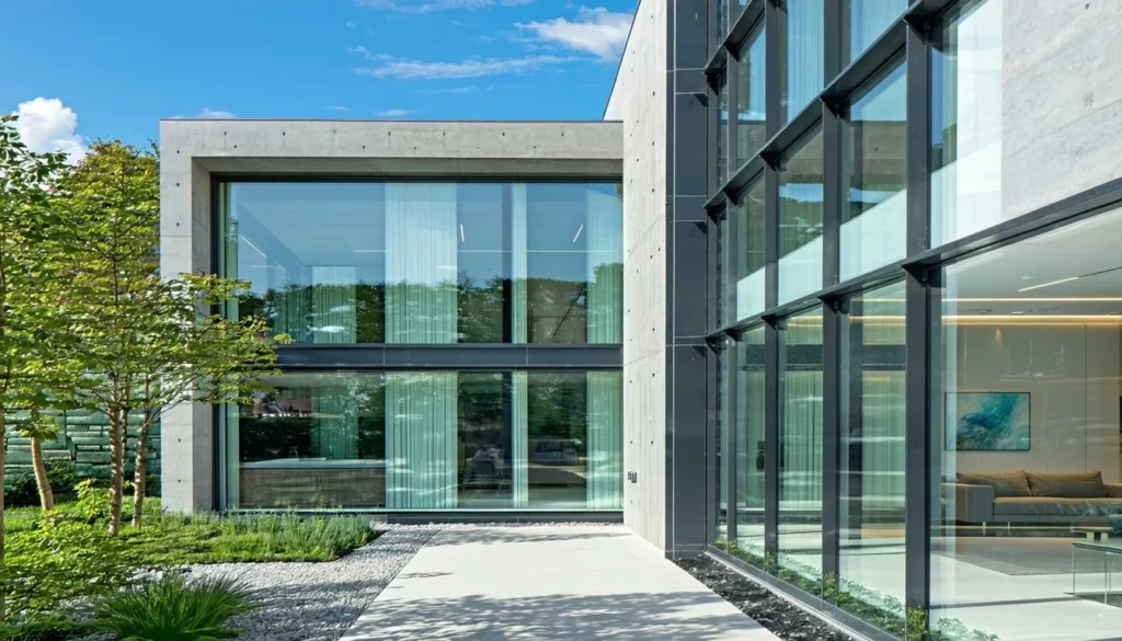 The image depicts a modern building with large sleek PVC windows enhanced by vacuum glazing technology The windows are set in a minimalist frame allowing plenty of natural light to flood the interior The glass appears crystal clear reflecting the blue sky - Zlepšení tepelné izolace oken z PVC pomocí vakuového zasklení LandVac
