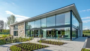 The image showcases a modern Latvian building with sleek PVC windows that have been upgraded with LandVac vacuum glazing The structure features a minimalist design characterized by large glass panels that allow natural light to flood the interior
