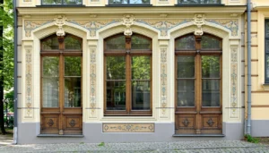 The image showcases a historic building in Latvia featuring an ornate Art Nouveau faade with intricate decorative elements The original wooden windows characterized by their classic sash design have been replaced with ultraslim LandVac vacuum glazing, the best option for Replacement Windows in Historic Buildings in Latvia