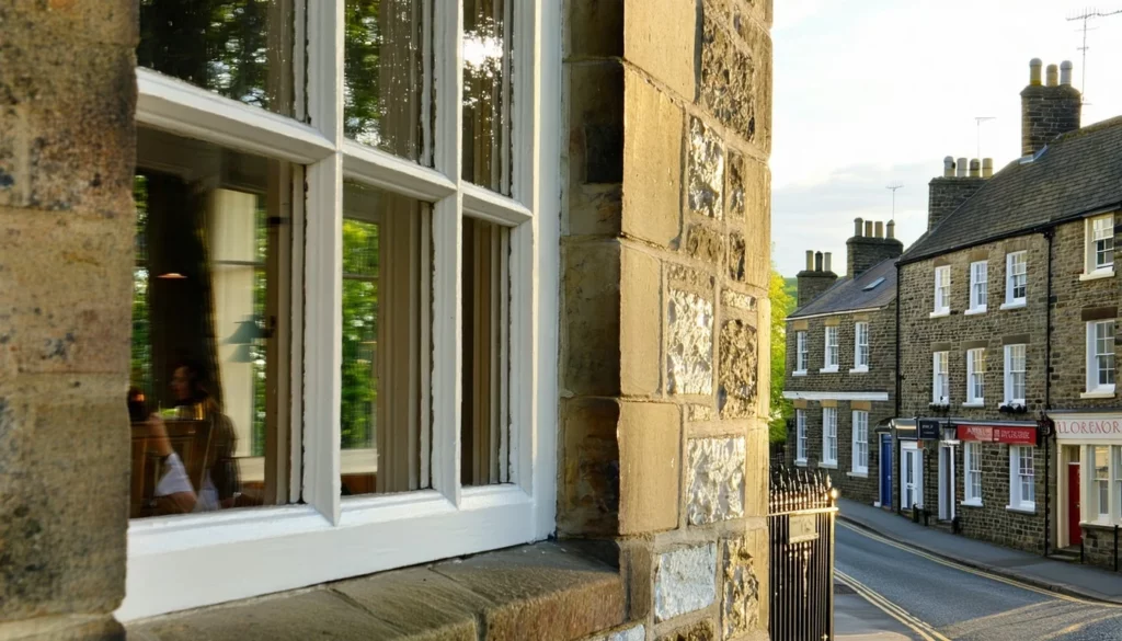 The image showcases a picturesque European street lined with historic buildings with thin double glass in Georgia each displaying unique architectural features such as ornate balconies stone faades and wooden structures In the foreground a traditional window with a classic sash frame
