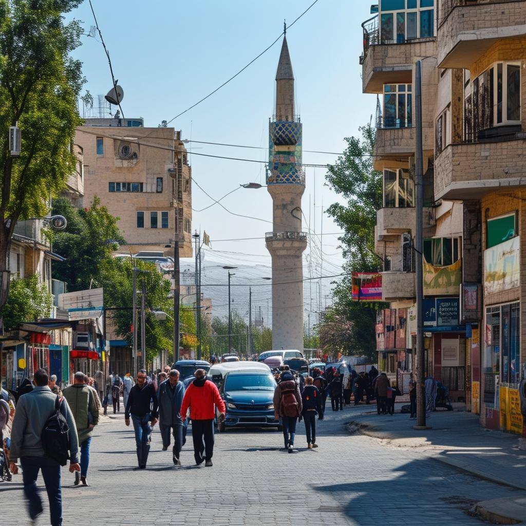 A busy street scene in a city in the European country Azerbaijan