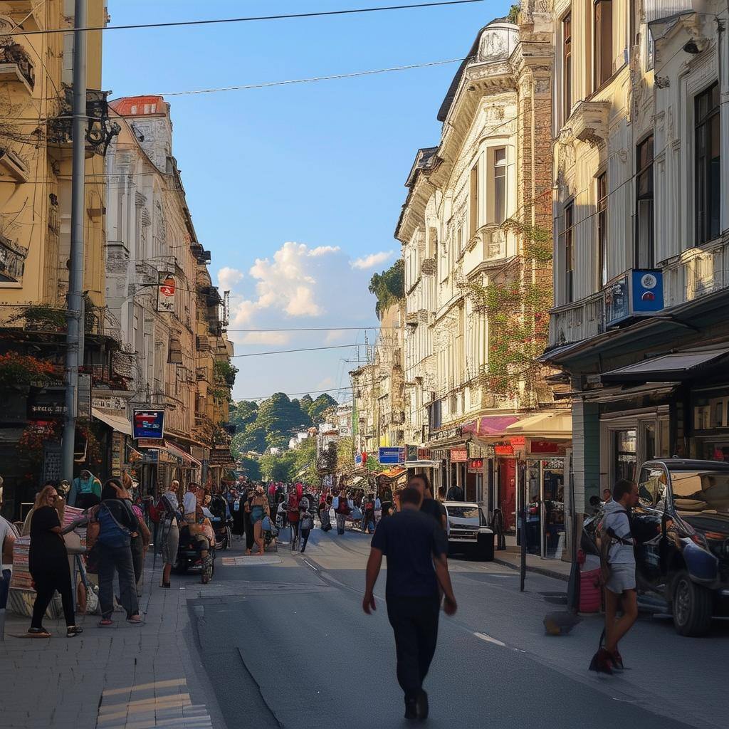 A busy street scene in a city in the European country Georgia