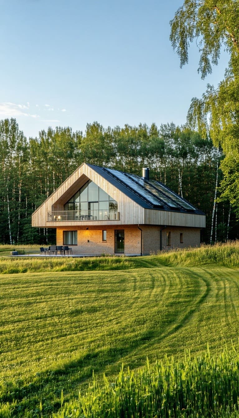 A modern, eco freindly house in the Lithuanian countryside in the summer