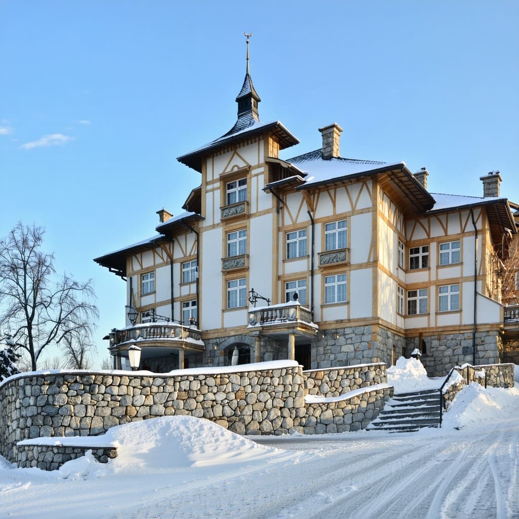A traditional hotel in Slovakia in the winter