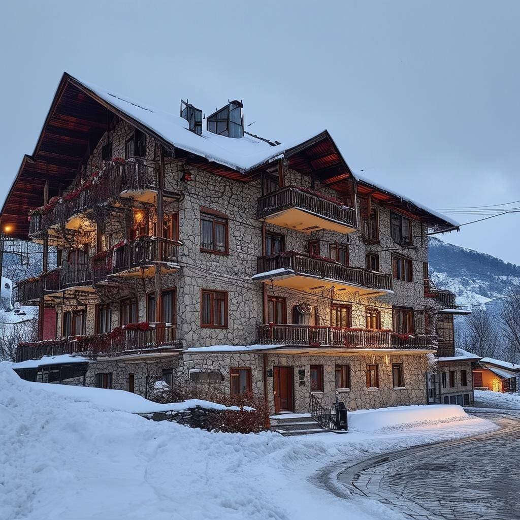A traditional hotel in in Kosovo in the winter