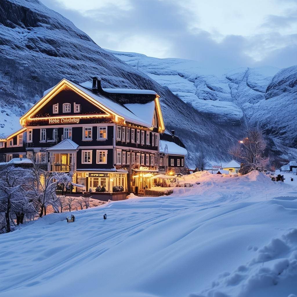 A traditional hotel in winter in Norway