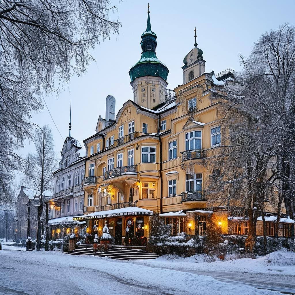 A traditional hotel in winter in Tallinn, Estonia