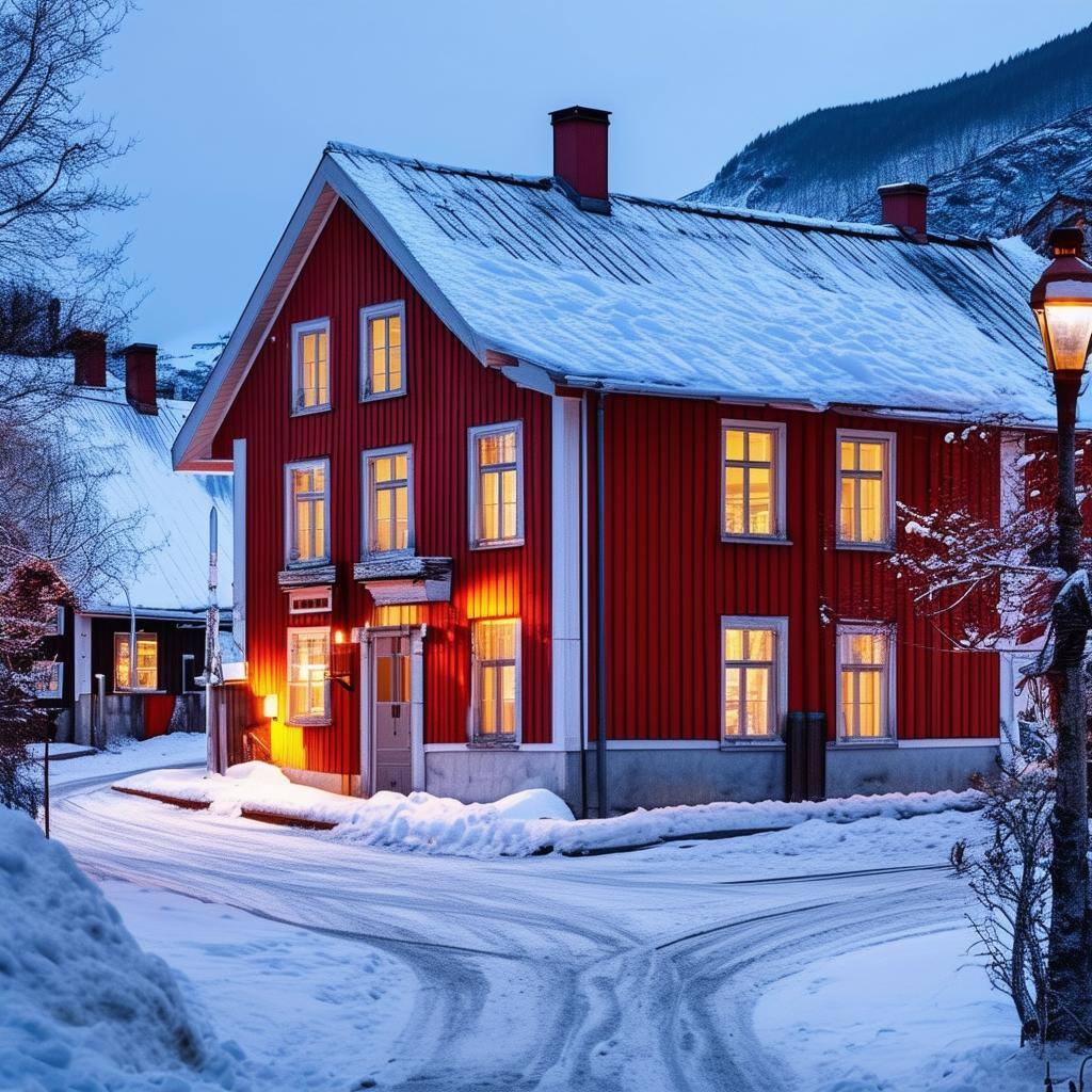 A traditional town house in the winter in Norway