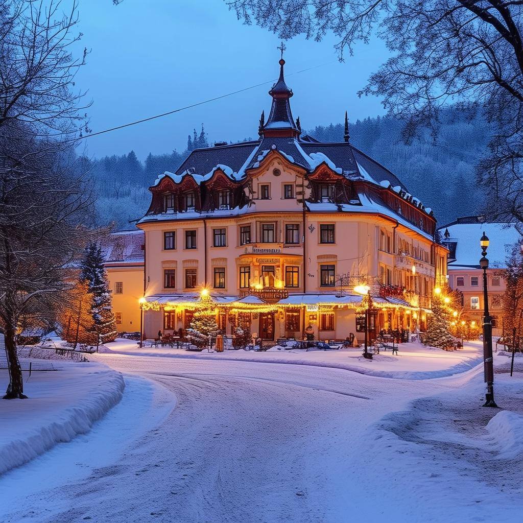 A winter scene in Czechia with a traditional hotel