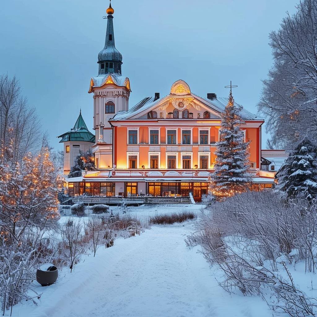 A winter scene in Lithuania with a traditional hotel