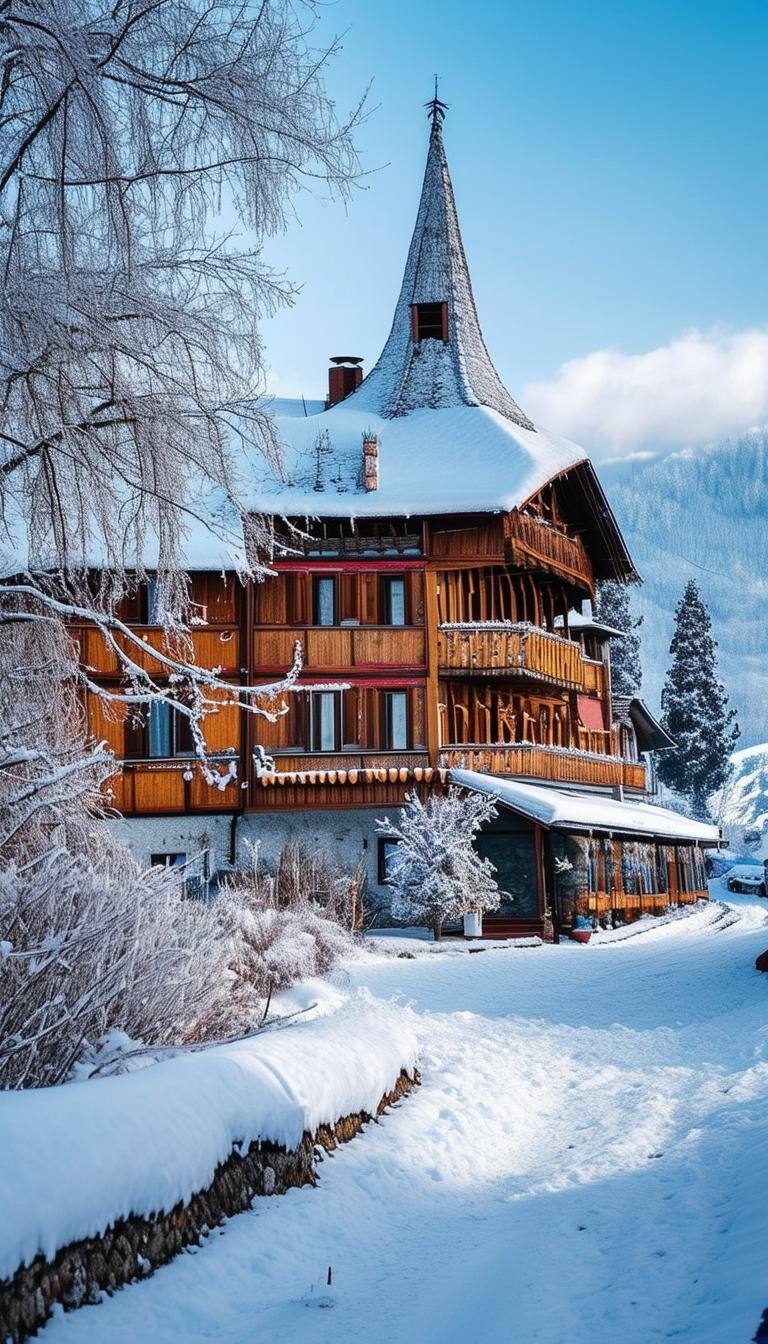 A winter scene in Romania with a traditional hotel