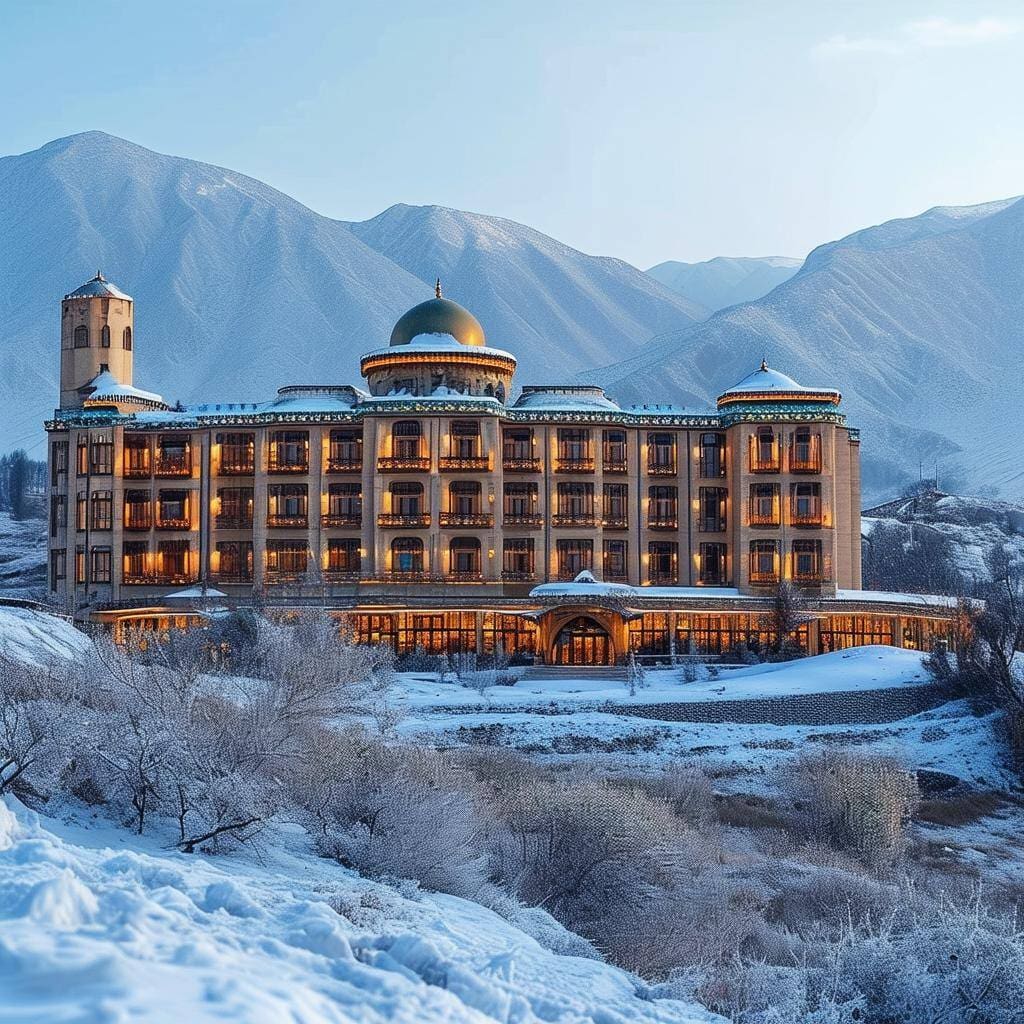 A winter scene in the Azerbaijan with a traditional hotel