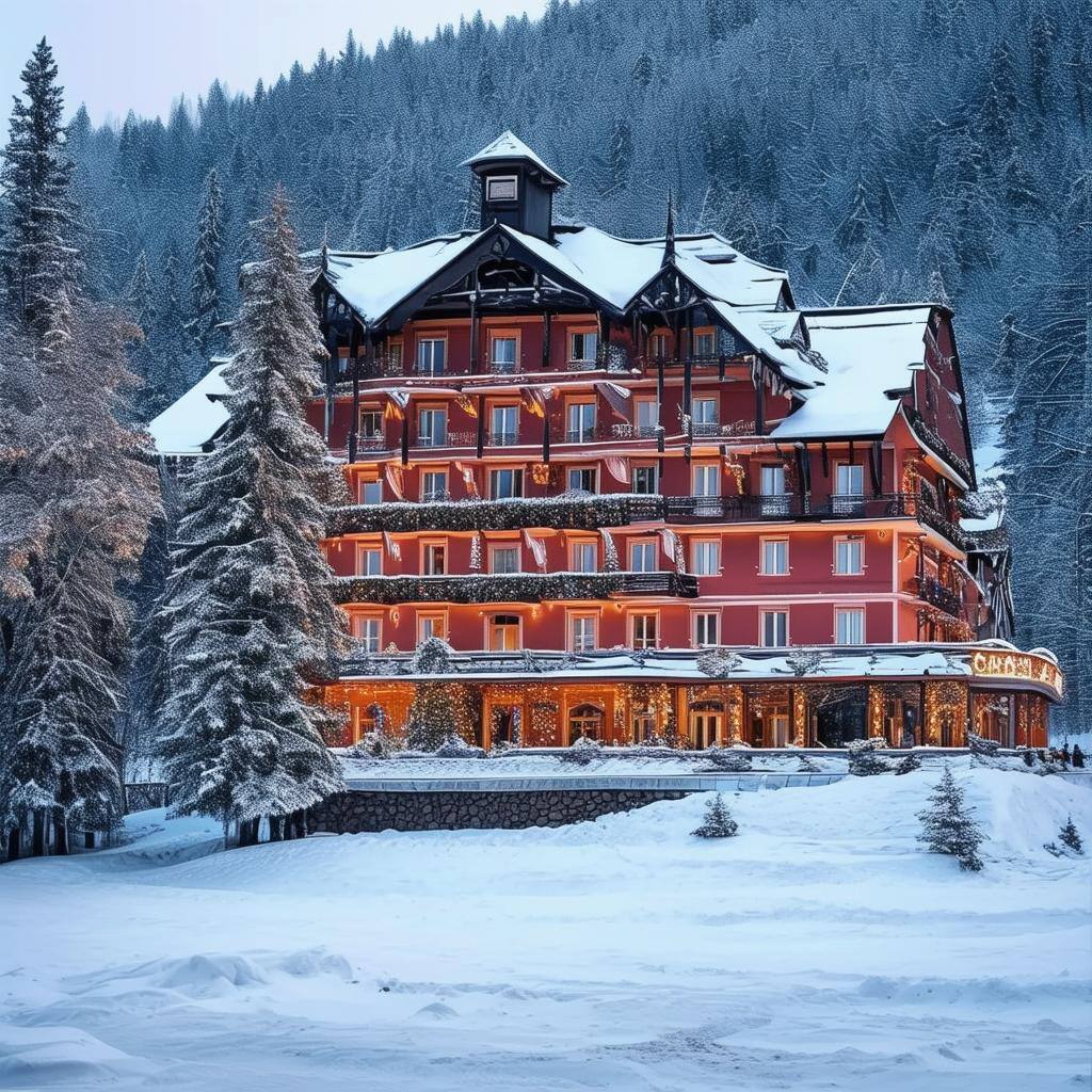 A winter scene in the Georgia with a traditional hotel