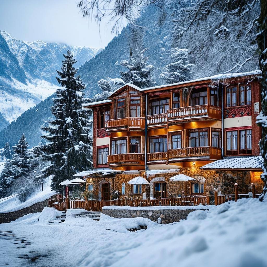 A winter scene in the Turkish mountains with a traditional hotel