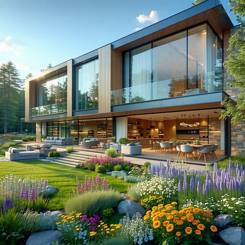 The image depicts a modern, energyefficient building in Estonia, showcasing sleek, ultrathin vacuum glazing windows that glisten in the soft sunlight.