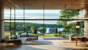 The image depicts a modern interior space featuring large, sleek windows with vacuum glazing technology in Poland