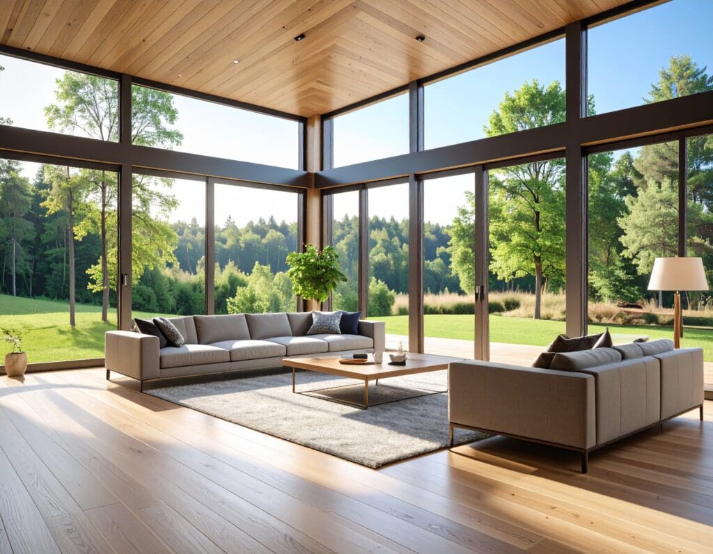 The image depicts a modern interior space featuring large, sleek windows with vacuum glazing in Poland