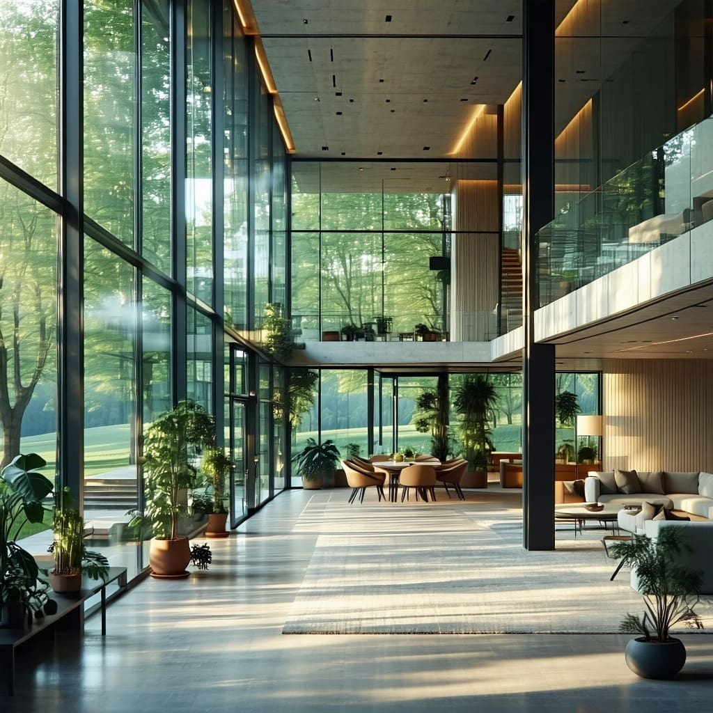 The image showcases a modern Belarusian building featuring large, sleek vacuumglazed windows that seamlessly blend into the architectural design