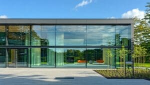 The image showcases a modern building enveloped in natural light, featuring sleek, large windows fitted with LandVac vacuum glazing-1