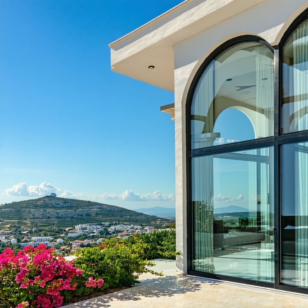 The image showcases a modern building in Greece featuring sleek, ultrathin vacuum glazing windows that reflect the Mediterranean sunlight