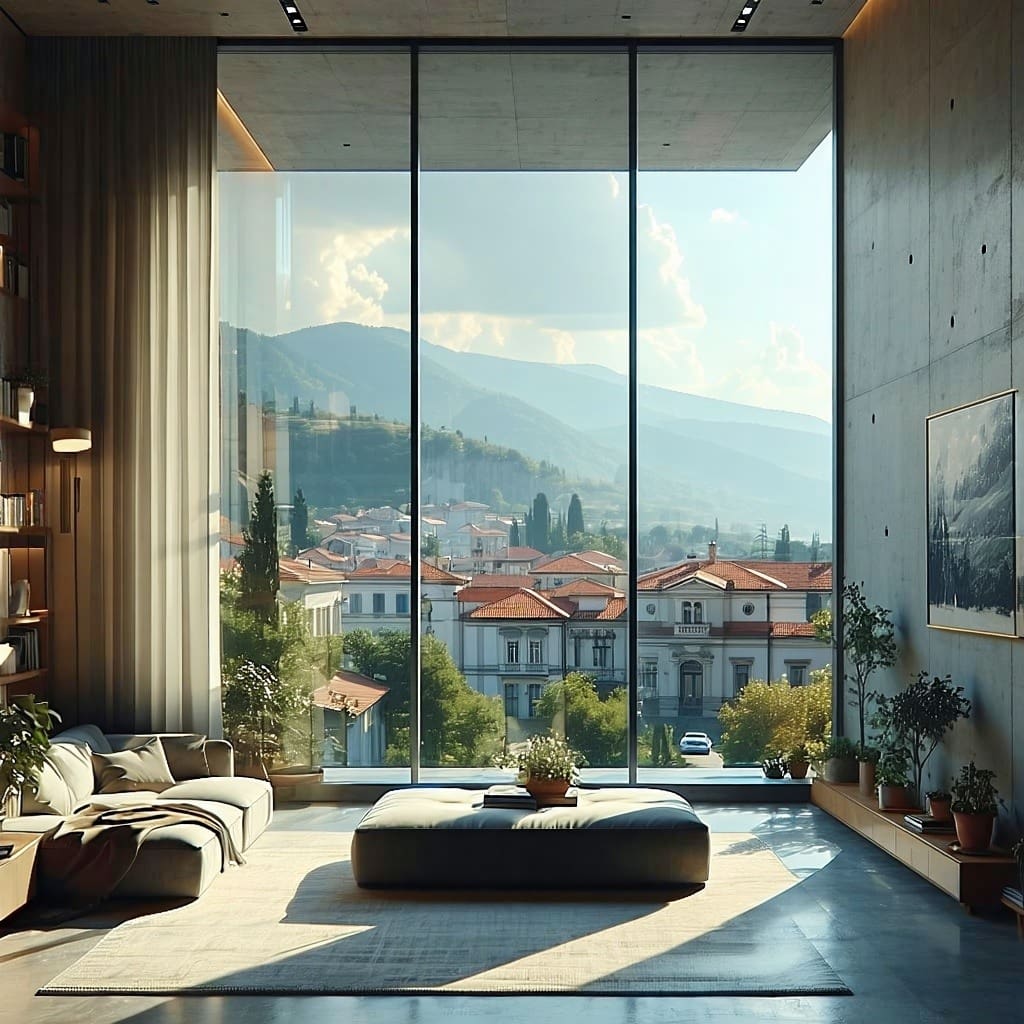 The image showcases a modern building in North Macedonia, featuring sleek, ultrathin vacuum glazing windows that seamlessly blend with both contempora