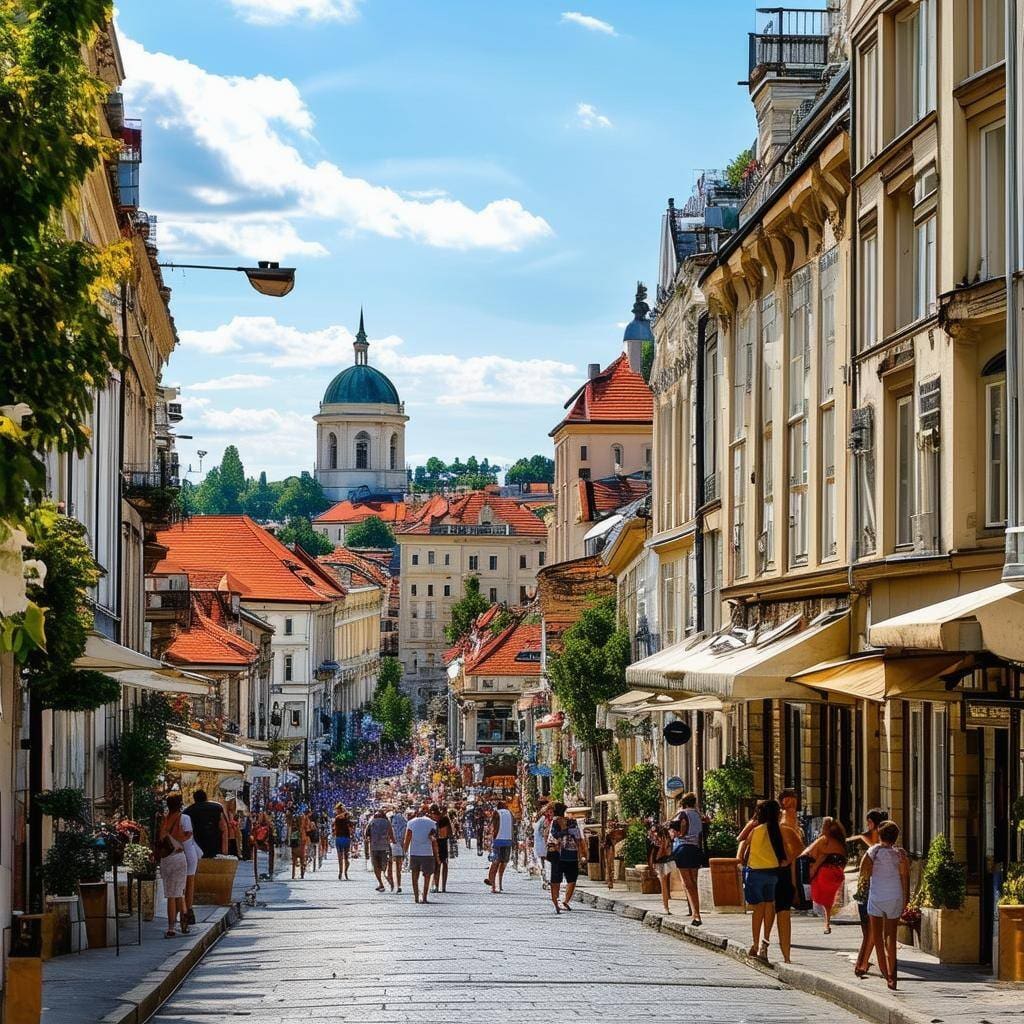 a bustling city street in Belgrade with town houses in the summer in Serbia