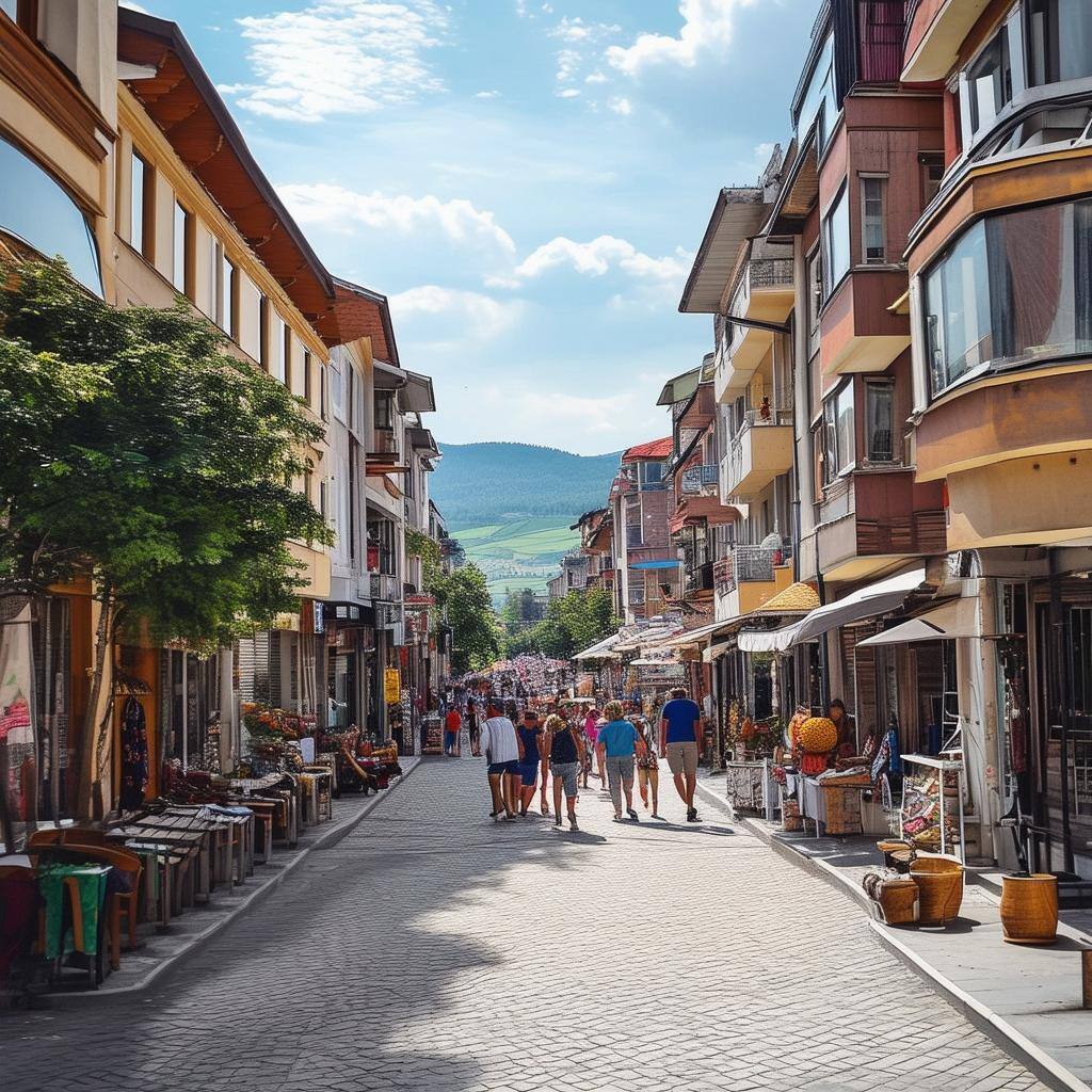 a bustling city street in Pristina, Kosovo with town houses in the summer
