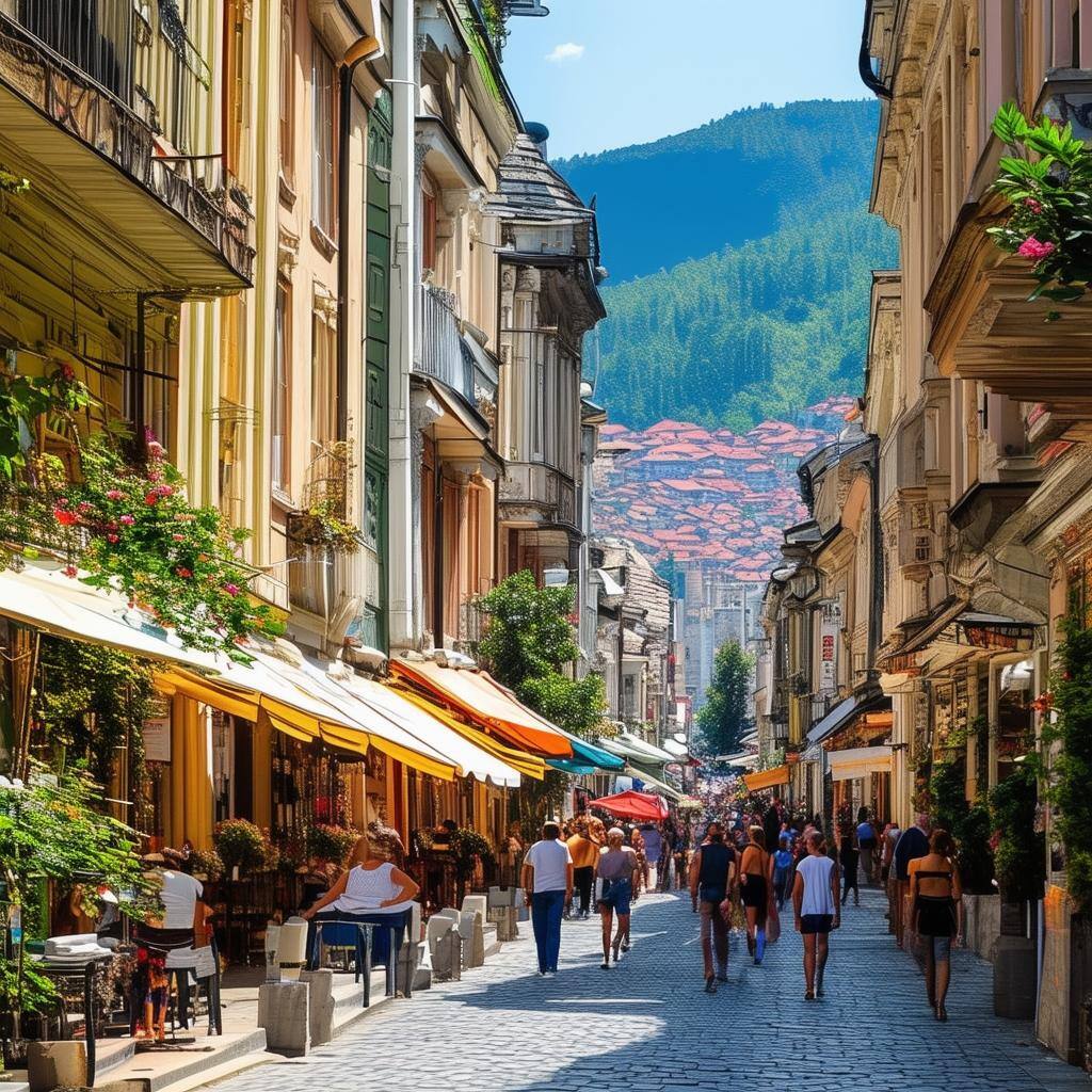 a bustling city street in Sarajevo with town houses in the summer