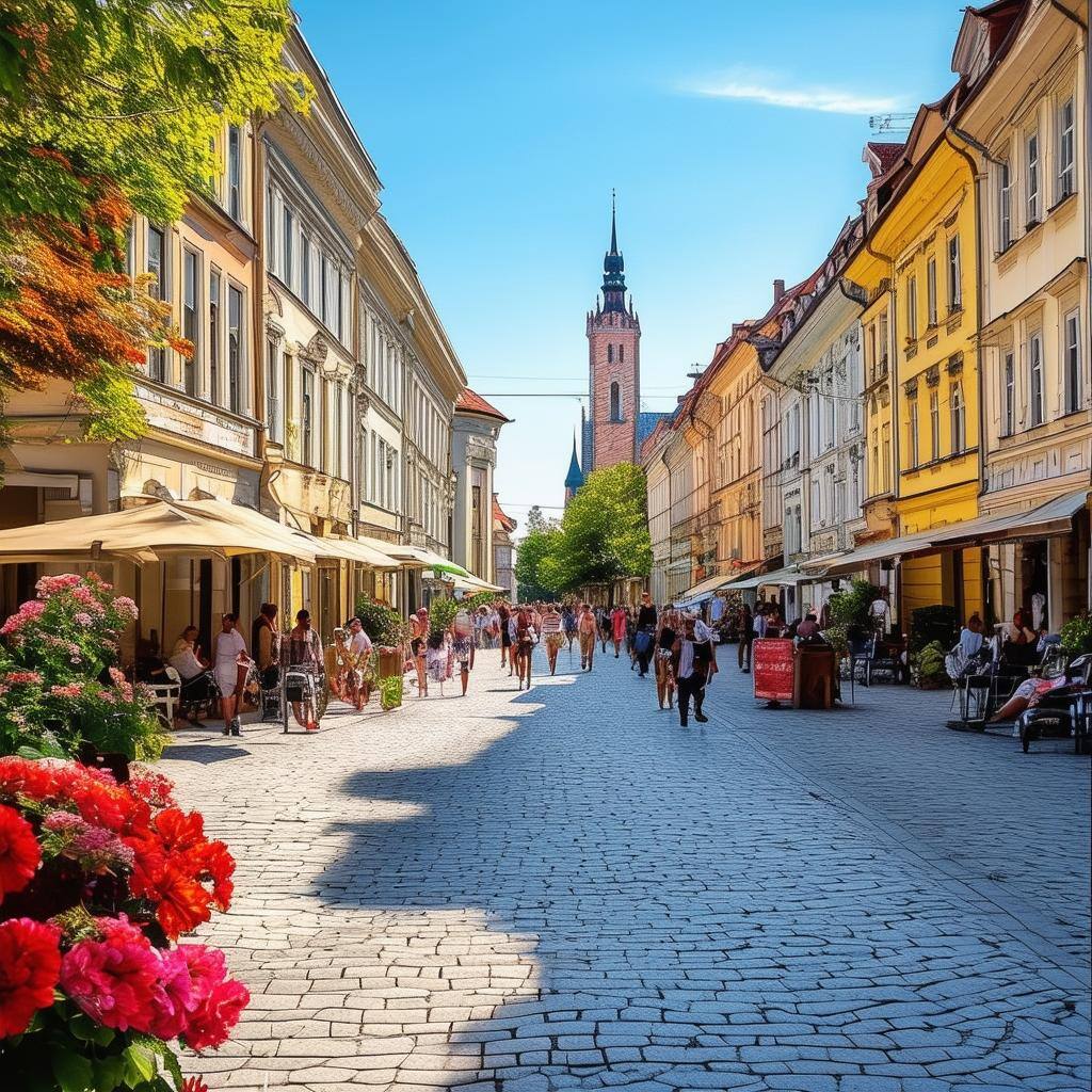 a bustling city street in Zagreb with town houses in the summer in Croatia