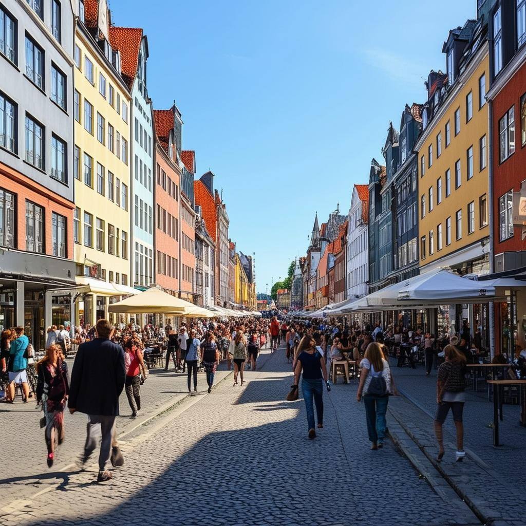 a bustling city street in the summer in Copenhagen, denmark