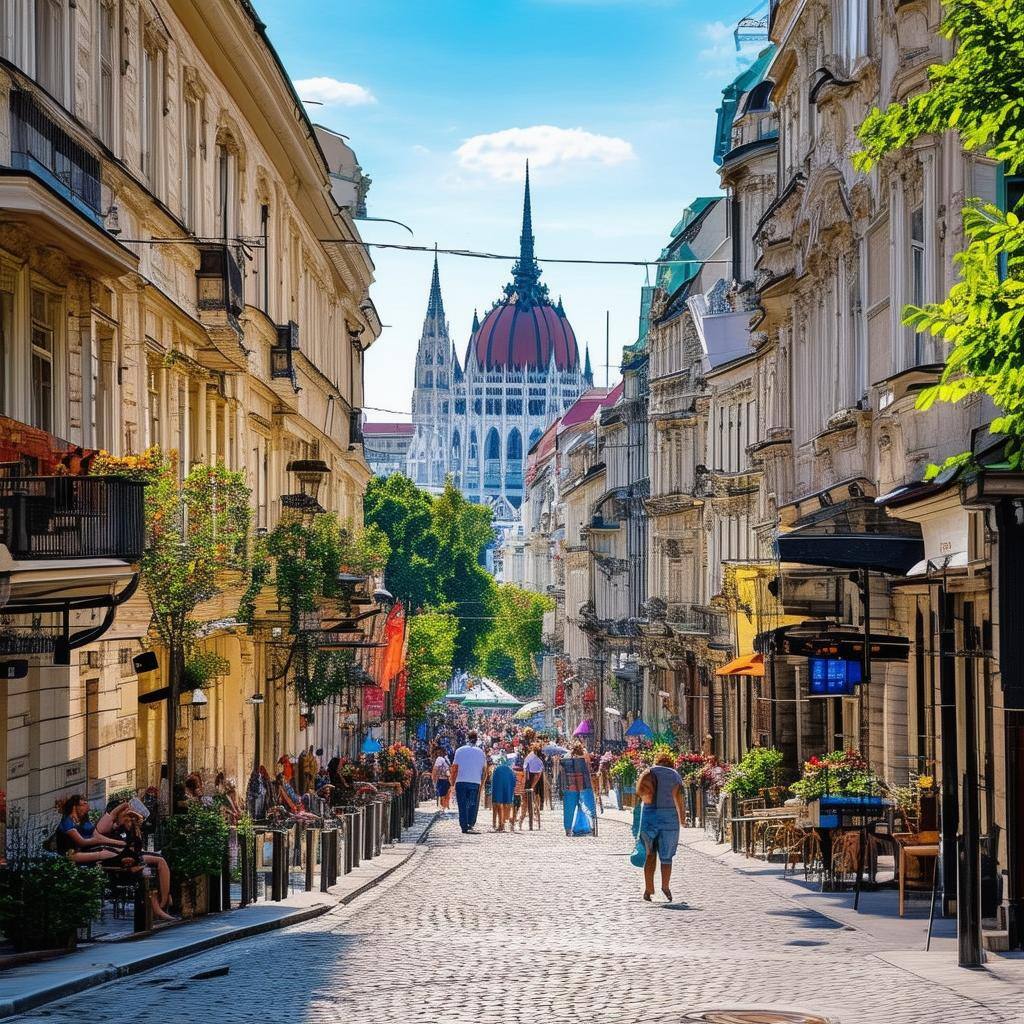 a bustling city street with town houses in the summer in Budapest