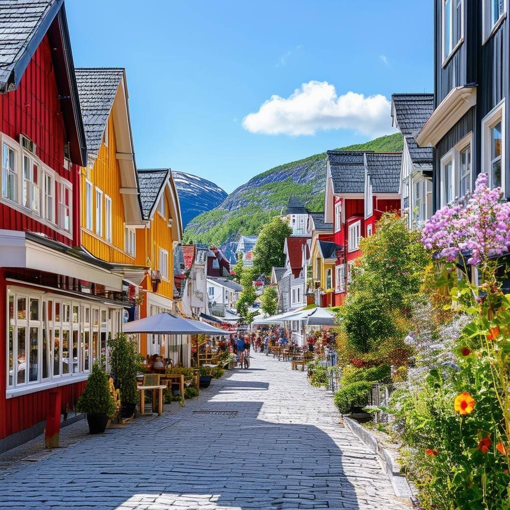 a bustling city street with town houses in the summer in Norway
