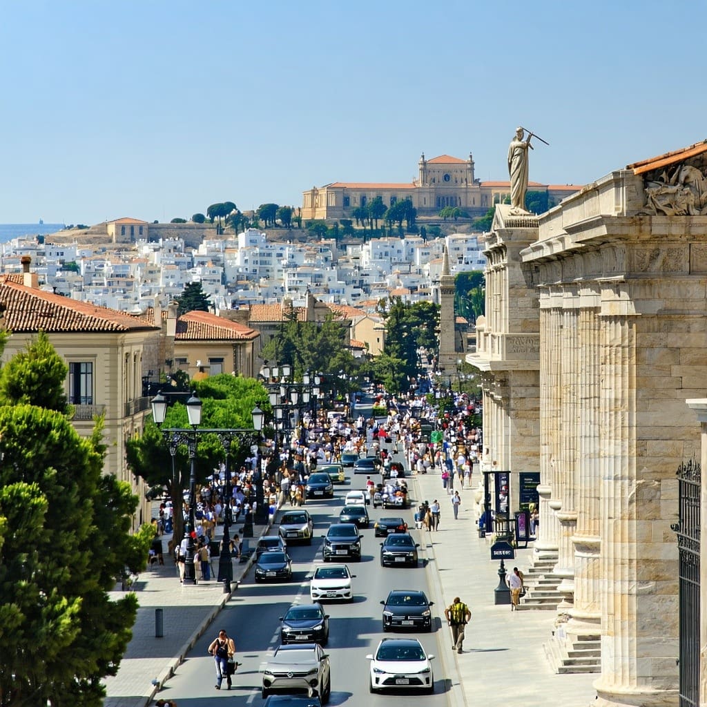 a view busy street in a Grecian city