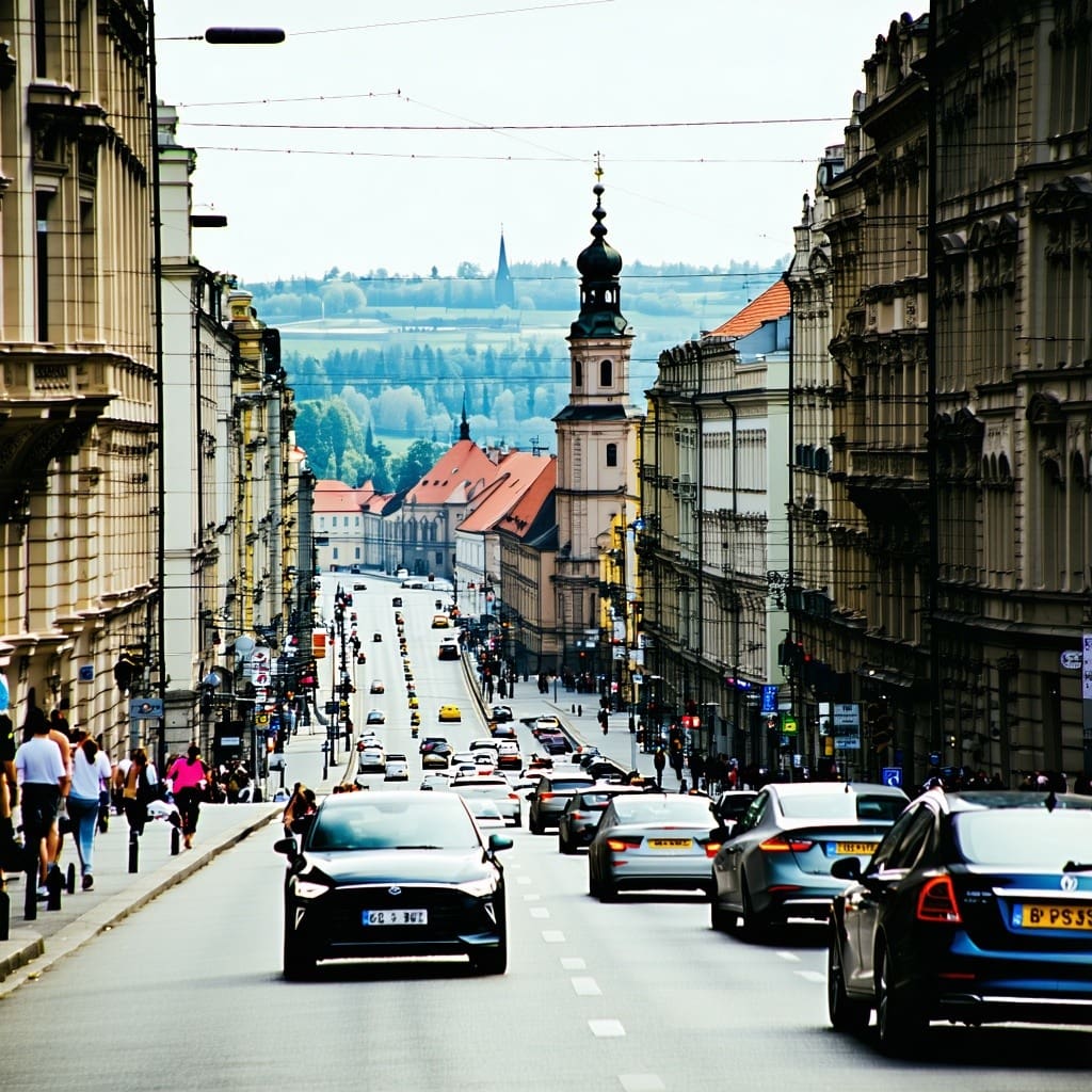a view busy street in a slovakian city