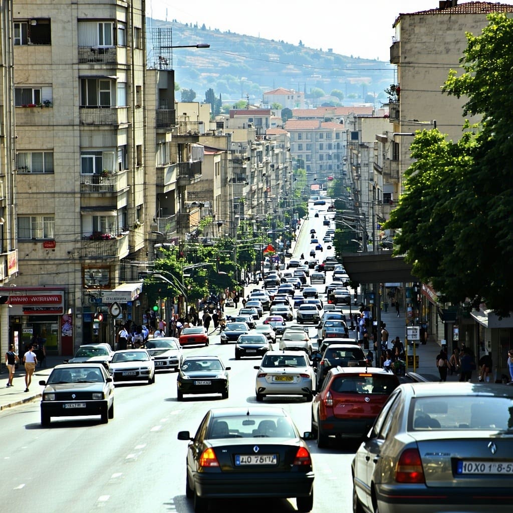a view of a busy street in a Albanian city