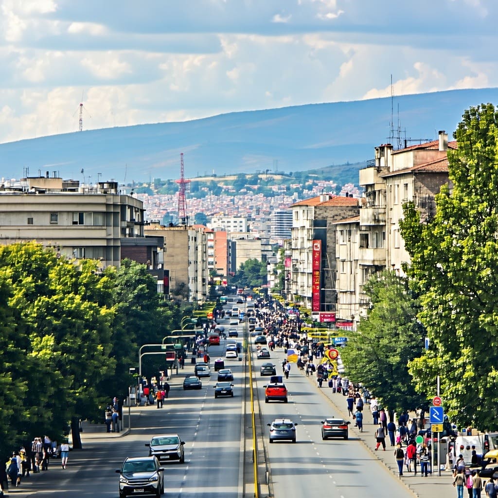 a view of a busy street in a North Macedonian city
