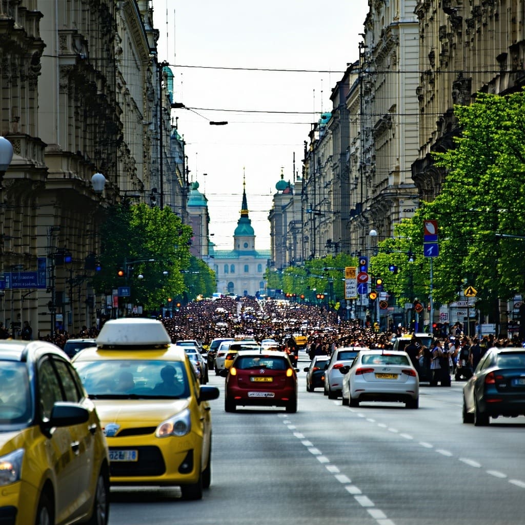 a view of a busy street in a Ukranian city