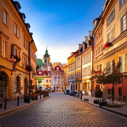 a view of a traditional town street in Warsaw, poland 43269