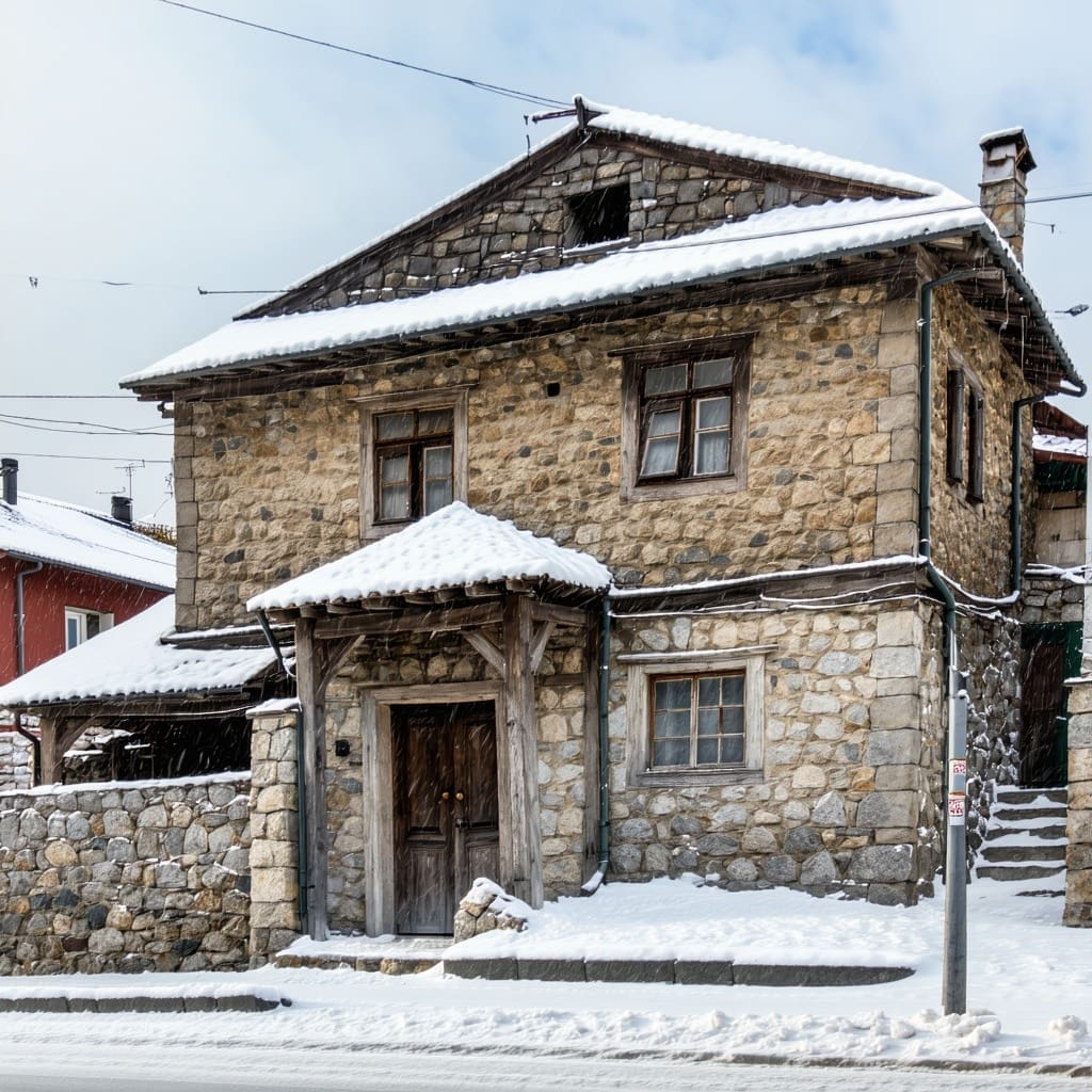 a view of a traditional townhouse in Bulgaria in the snow