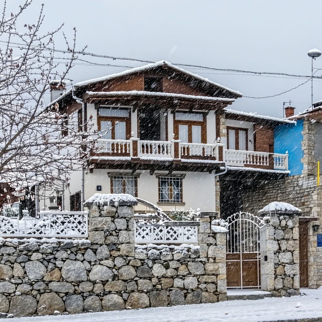 a view of a traditional townhouse in North Macedonia in the winter
