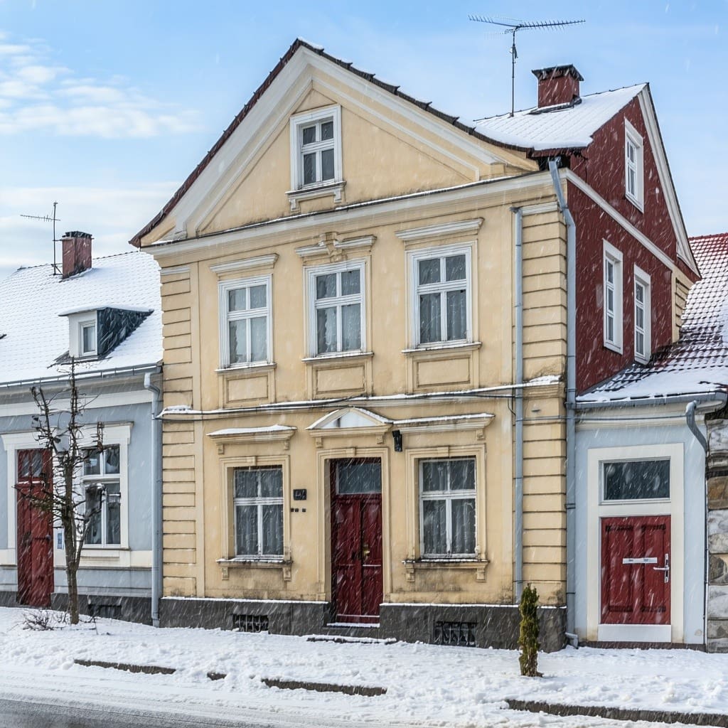 a view of a traditional townhouse in Slovakia in the snow